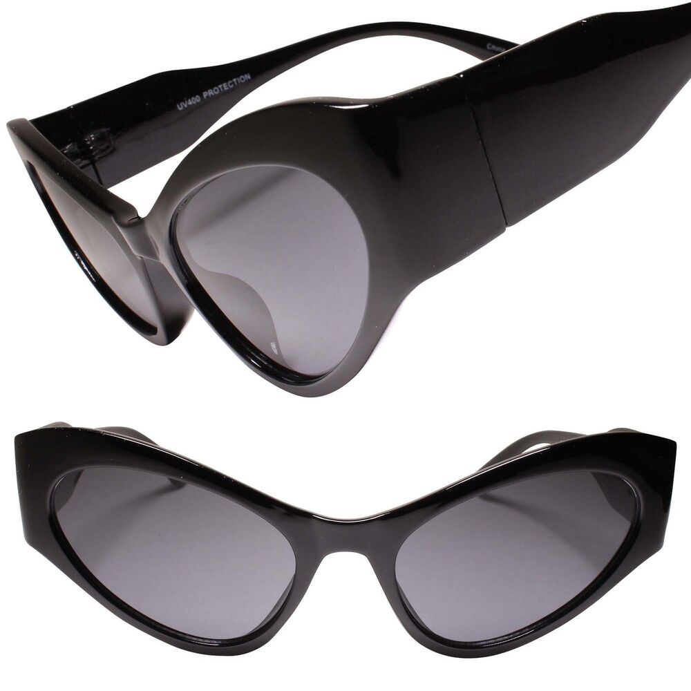 Modernize Elongated Thick Temple Retro Oval Womens Black Cat Eye Sunglasses